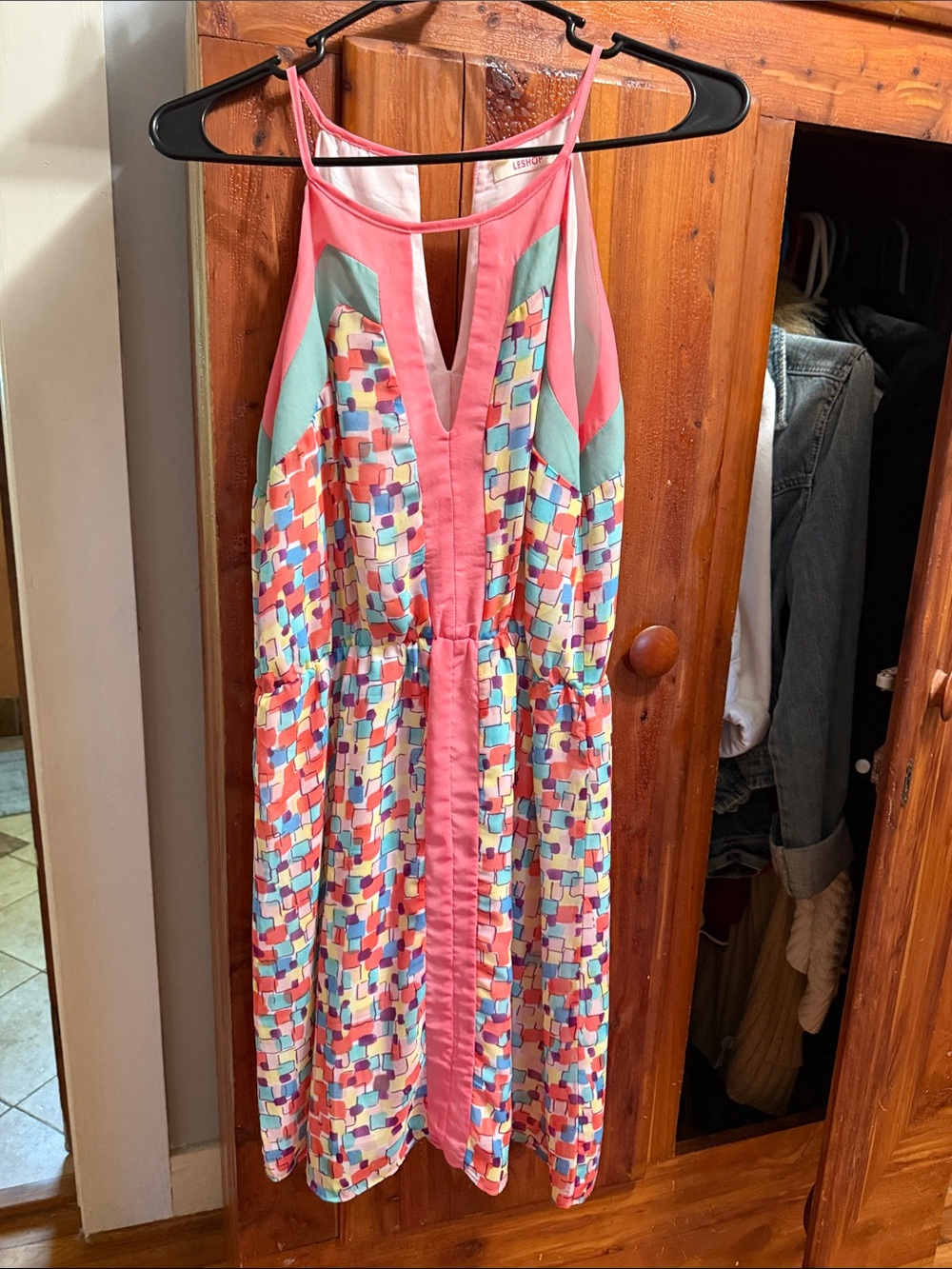 Colorblock Mosaic Mini Dress in Coral and Mint